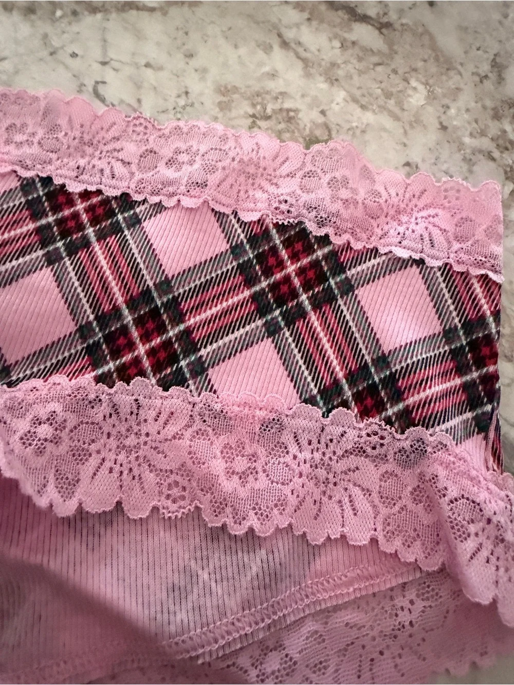 VS PINK Lace Trim Cotton Cheeky Christmas Panty Plaid NWT Large